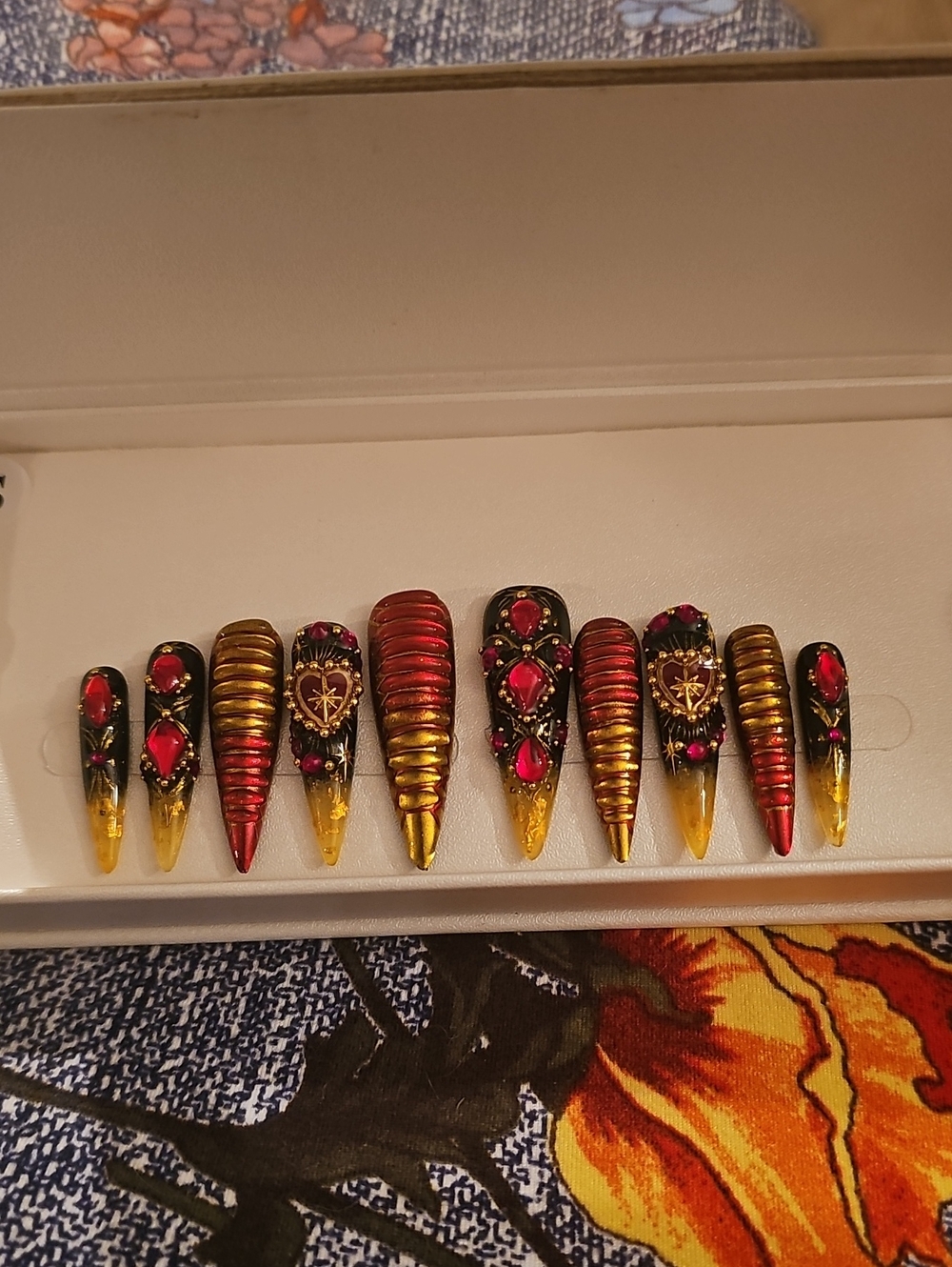 Luxury Red & Gold Hand-Painted Press-On Nail Set